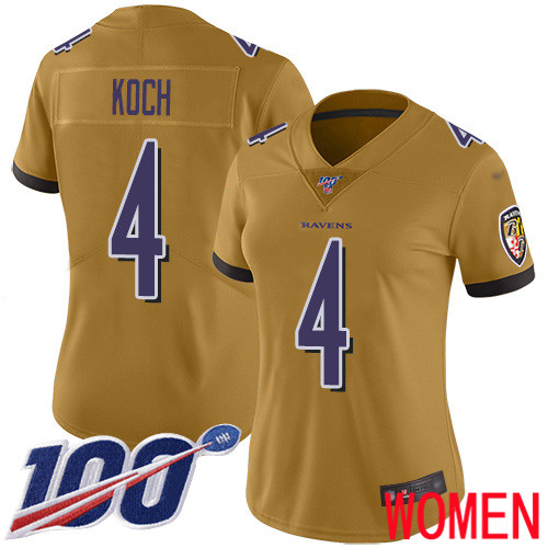 Baltimore Ravens Limited Gold Women Sam Koch Jersey NFL Football #4 100th Season Inverted Legend->women nfl jersey->Women Jersey